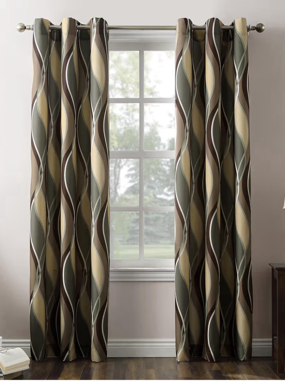 No 918 intersect 1 pack ogee print grommet curtain panel pair- Taupe & Olive
